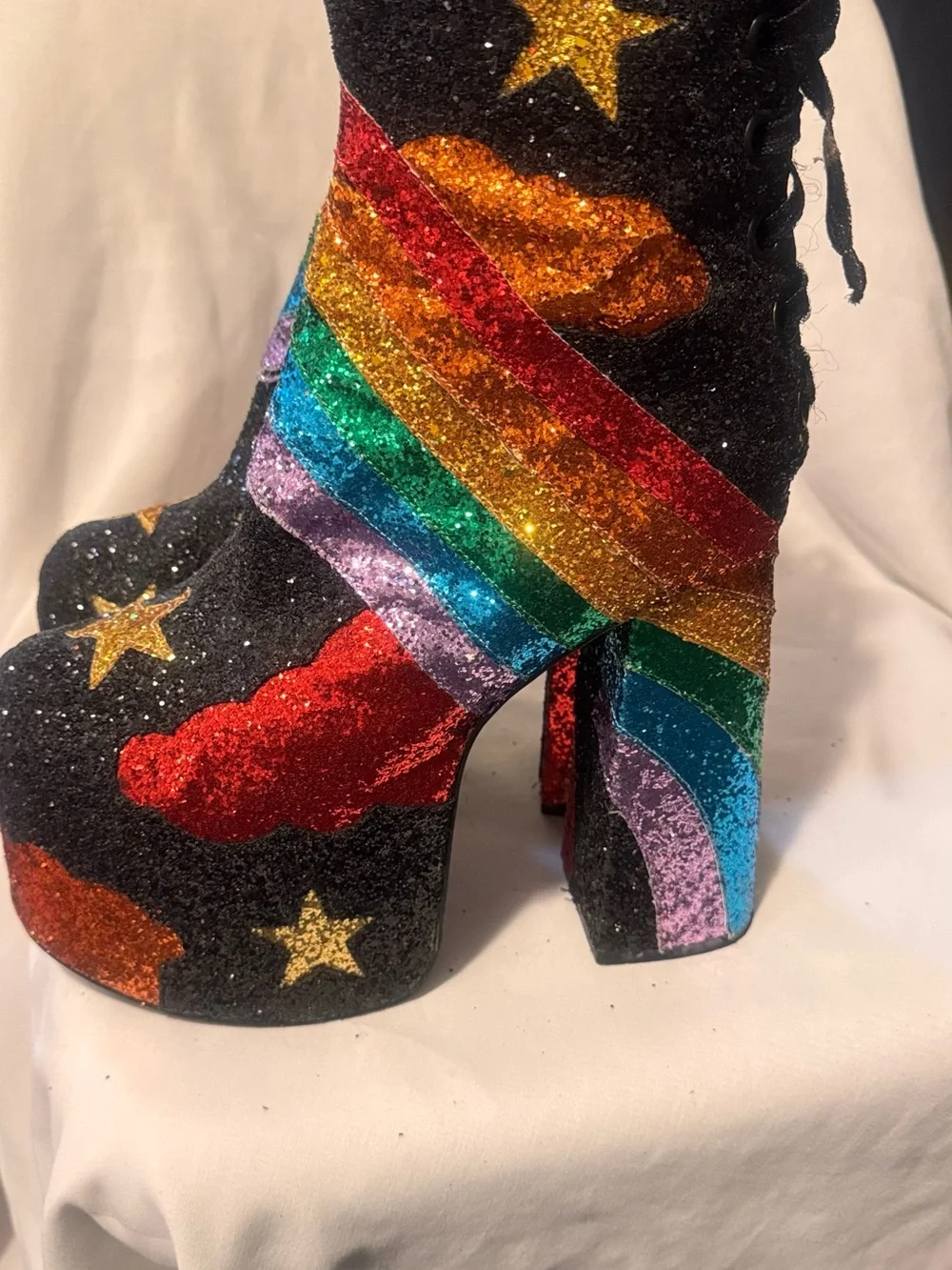 Dolls Kill Stars and Stripes black glitter platform lace back boots size 11